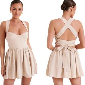 Meshki Los Tie Back Linen Blend  Mini Dress in Natural Size‎ M